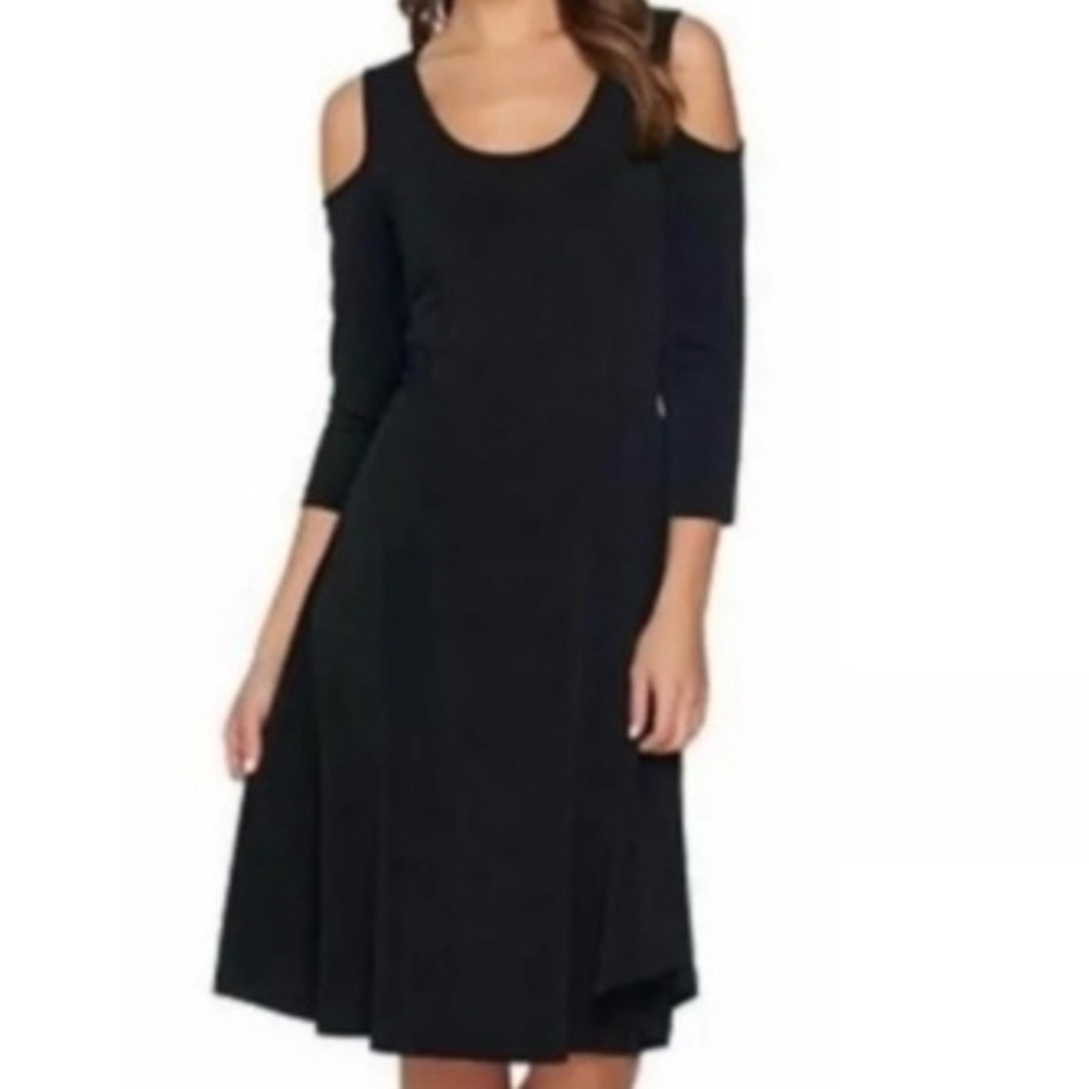 Susan Graver Liquid Knit Cold Shoulder Dress Black Plus Size 1X Long Sleeve Midi